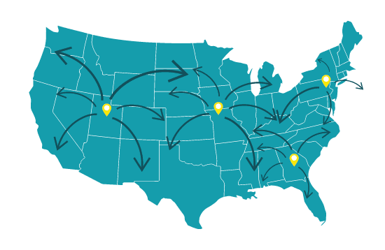 map of America showing distribution across country