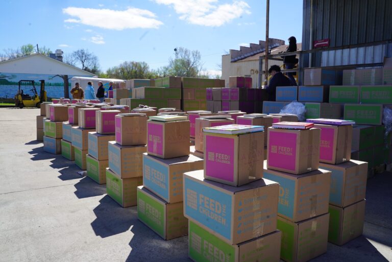 boxes lined up for "feed the children"
